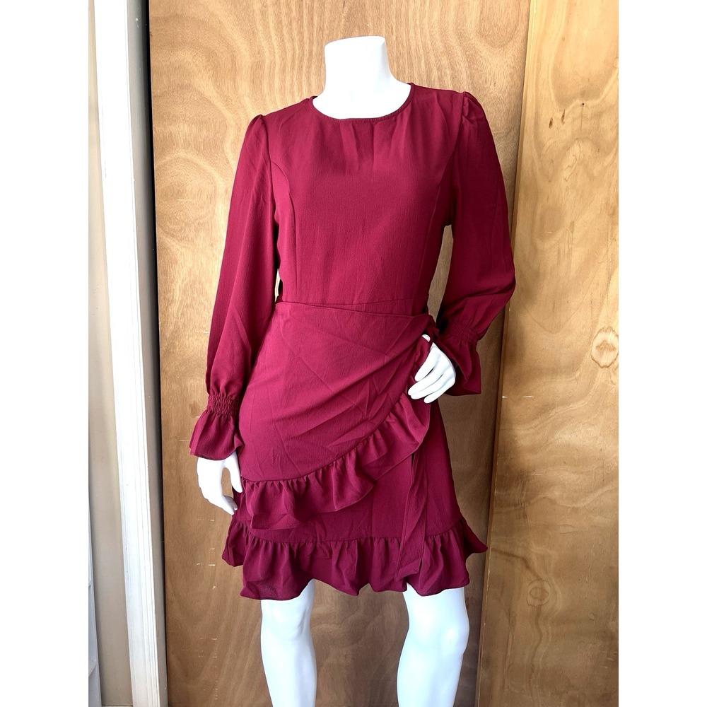 Women's Sexy Round Neck Ruffle Long Sleeve Tie Waist Wrap Burgundy Dresses M